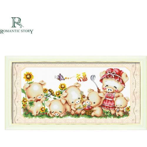 Romantic Story Needlework DIY 11CT DMC Cross stitch Sets For Embroidery A Happy Family of Pig Cartoon Patterns Home Decoration