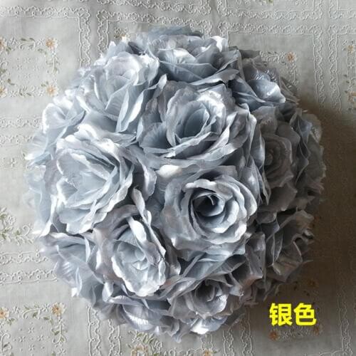 New 8"20 cm Handmade Silver Rose Flowers ball Kissing Flower Hanging Ball DIY Bouquet Home Wedding Party Decor 6 Color Available