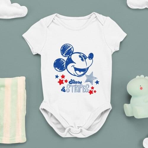 Disney Summer New Baby Bodysuits Mickey Mouse Head Kawaii Pattern Letter STRIPES Printing Fashion Outdoor White Black Trend Cute