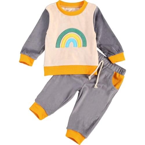 New Children’s Long-sleeved and Trousers Suit Cartoon Rainbow Pullover T-shirt and Elastic Lace-up Long Pants Set