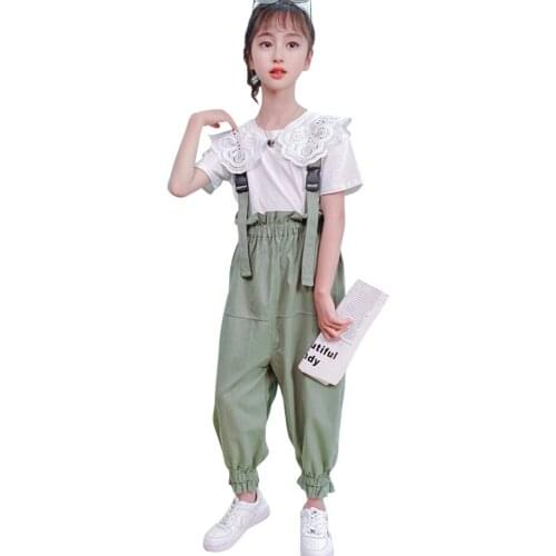 Teen Girls Clothing Lace Tshirt + Jumpsuit Girl Clothes Casual Style Clothes For Girl Summer Tracksuit Kids 6 8 10 12 14