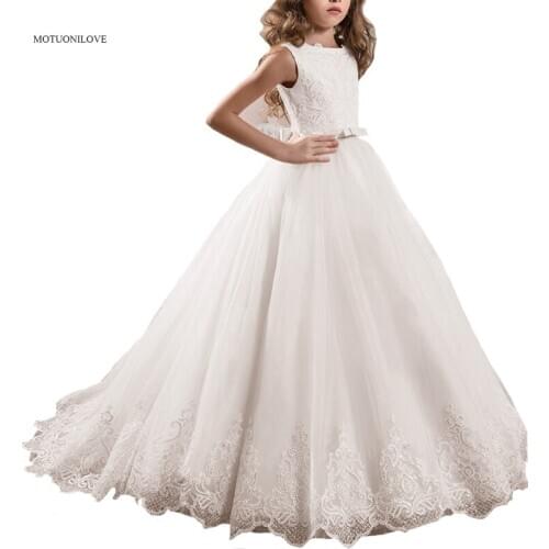Sleeveless Elegant Beaded Train Flower Girl Dresses for Wedding Ball Gown Children Ceremony Thanksgiving Event Formal Prom Dress