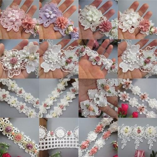 Soluble Polyester 3D Colorful Flowers Pearl Embroidered Lace Trim Ribbon Fabric Handmade Sewing Craft For Costume Hat Decoration