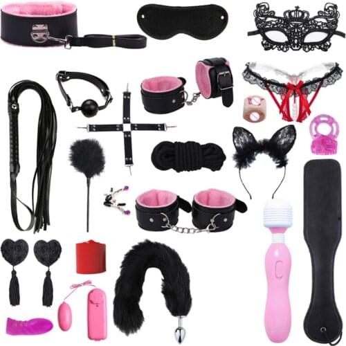RXJD Adults Games Set Handcuffs Sex Bondage Clamps Collar Gag Whip Women Sex Products Accessories for Couple Erotic Toys