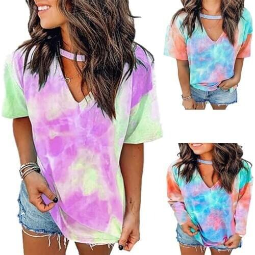 S-3XL Sexy Women Tie Dye Top Print Short T-shirt Short Sleeve T-shir Women Streetwear Summer Clothing