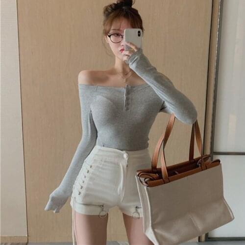 Sexy Off The Shoulder Basic Tee Tops Women Autumn Solid Color Long Sleeve Bottoming Tee Shirts