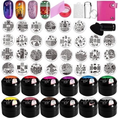 Biutee 12Colors Nail Stamping Gel Polish Gel 8ml 30pc Nail Stamping Plates Set Poly Nail Kits 2 sets Nail Art Stamper & Scrapers