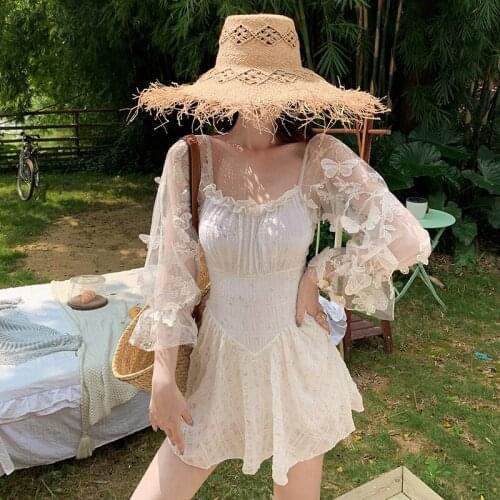 2021 New Sexy Gauze Swimsuit One Pieces Korean Style Long Sleeve Transparent Swimwear Open Back Bathing Suit Monokini Pad Skirt