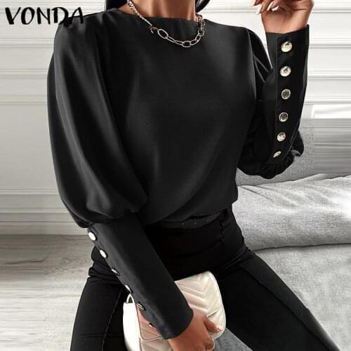 VONDA Women Tops Ladies Casual O Neck Long Sleeve Button Up Shirts Bohemian Blusas Femme Puff Sleeve Solid Tops Femme Streetwear