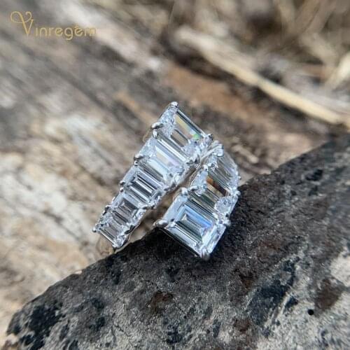 Vinregem 100% 925 Sterling Silver Emerald Cut Created Moissanite Gemstone Wedding Engagement Adjustable Rings Fine Jewelry