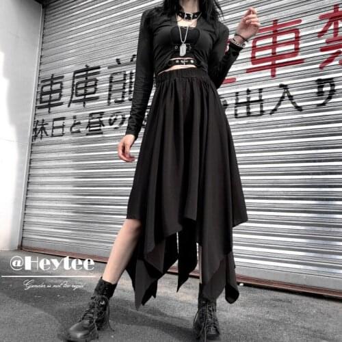 Womens Skirt Black Gothic Autumn Loose Style Asymmetrical Skirt Harajuku Steam Punk A-Line Female Middle Ages Vintage Skirt