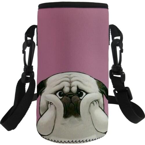 Funny Pug Dog Cute Cartoon Bottle Pouch Adjustabl Shoulder Strap Water Bottle Carrier Insulated Neoprene Water Bottle Holder Bag