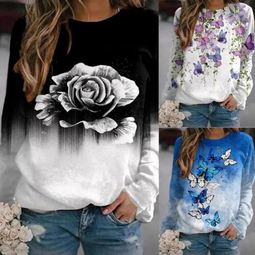Flower Butterfiies Pattern Print Women Blouse Long Sleeve ClothesThin O-Neck Loose Elegant Harajuku Pullover Tops Streetwear