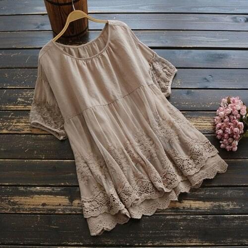Cotton New Summer Womens Shirt Korean Mesh Embroidery Short-sleeved Shirt Mid-length Pullover Shirt Woman Tops Blouse