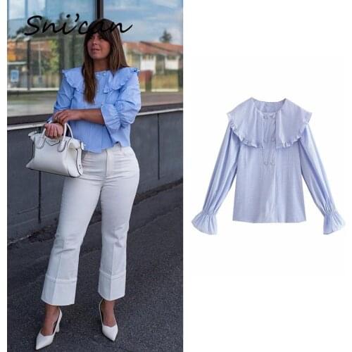 Za Blue Plaid Blouse Double Breasted Jewelry Buttons Butterfly Sleeve Peter Pan Collar Office Ladies Shirt Za 2021 Women Tops