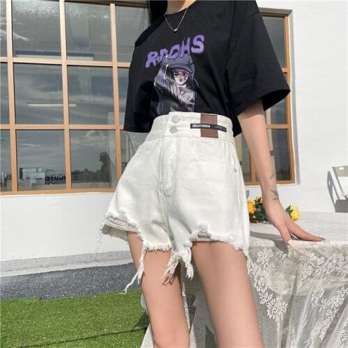 WomenS Ripped Denim Shorts Summer High Waist Wide Leg Loose Double Button Non-Stretch Jeans 2021 Korean Ladies Streetwear y2k