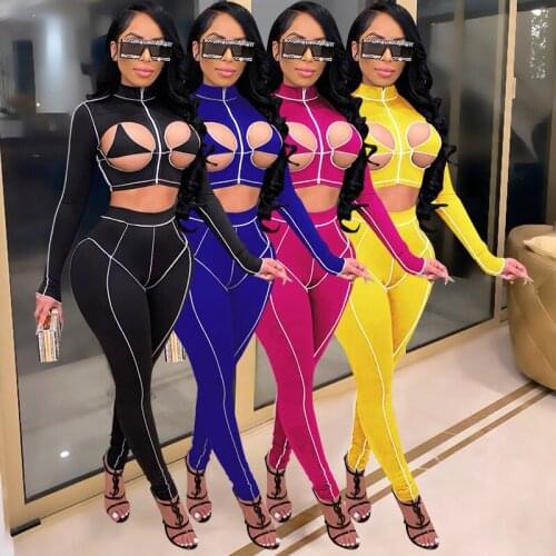 Womens tight-fitting long-sleeved trousers suit Sexy stand-up collar cutout wavy top Womens sports suit beach cover up