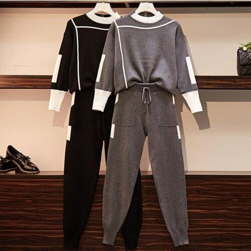 M-4XL Autumn Woman Sweater Suits Knit Casual Tracksuits Crewneck Pullovers+Drawstrings Elastic Pants 2 Piece Sets Female Outfit