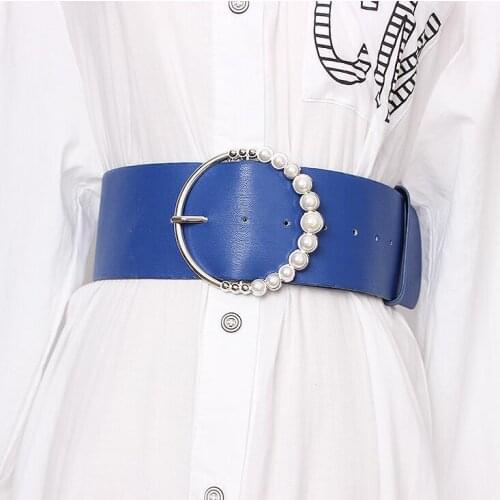 Womens runway fashion pearl buckle pu leather Cummerbunds female Dress Corsets Waistband Belts decoration wide belt R1669