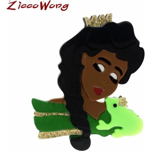 ZiccoWong New Fashion Black Skin Princess Brooch Pins For Women Girl Elegant Frog Girl Badge Lapel Pin Party Friend Gift Jewelry