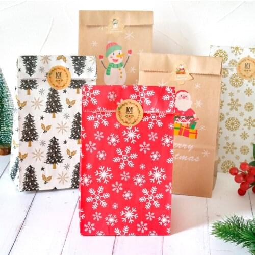 12PCS Chirstmas Kraft Paper Bag Stand up Colorful With Stickers Bags Open Top Gift Packing Treat Snowman Santa Candy Cookies Box