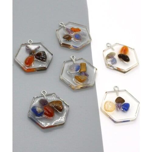 5pcs Vintage Natural Gravel Geometric Hexagon Earring Resin Charms Bohemia Pendant For Earrings Necklace DIY Jewelry Make