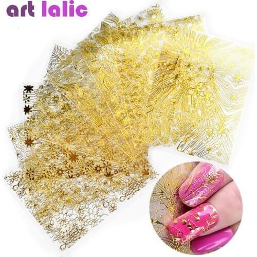 8 Sheets Embossed Gold 3D Tips Metallic Blooming Flower Design Full Cover Nail Art Stickers Decal DIY Manicure Decoration Set