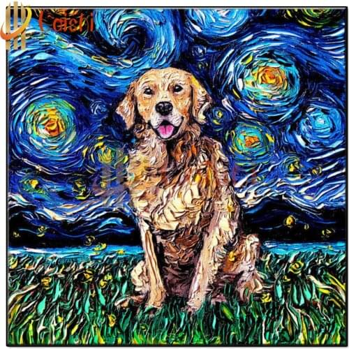 Diamond Painting Famous paintings, Van Goghs starry sky, creativity, abstract starry sky and golden retriever full drill decor