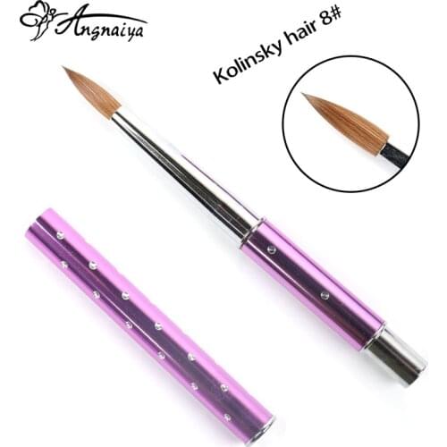 ANGNYA 1PCS Kolinsky Sable Nail Art Brush 8# Round Purple Pink Metal Salon Nail Art Builder Crystal Painting Pen Manicure Tools