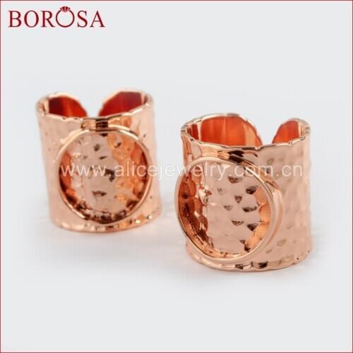 BOROSA 10/20PCS Rose Gold Color Brass Round Blank Ring Base Metal Rings Settings for Druzy Gems Ring Jewelry Making PJ114-R