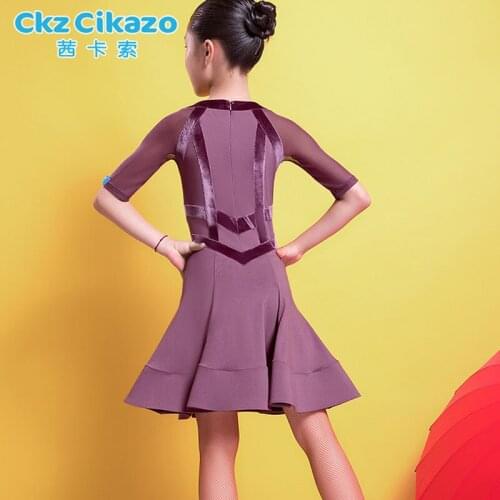 Elastic Confortable Competition Professional Ballroom Kids Dance Costume Winter Velvet Joint Children Latin Dance Dress G3273