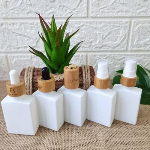 Beauty 30ml Square Glass Dropper Bottle Spray Skin Care Container Packaging Vials Essential Oil Bottle With Bamboo Wood Pump Lid