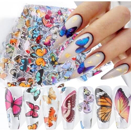 10pcs Holographic Nail Foil Colorful Butterfly Nail Art Transfer Sticker Paper Gel Polish Manicure 3D Decorations Tips SA8102
