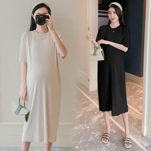 Summer Casual Knitted Cotton Maternity Straight Loose Dress Clothes for Pregnant Women Cool Pregnancy Clothing
