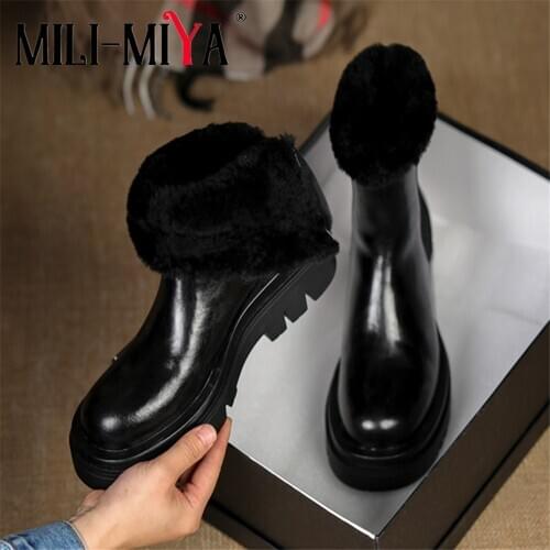 MILI-MIYA Warm Wool Lining Women Cow Leather Snow Boots Thick Heels Waterproof Round Toe Solid Color Plus Size 34-42 Handmade