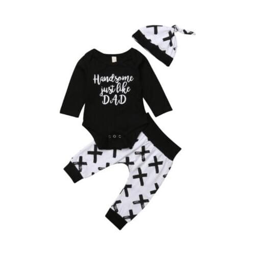 Fashion Newborn Baby Boys Clothing Sets Tops Romper Long Pants Leggings Hat 3pcs Letter Print Outfits Baby Clothes Autumn