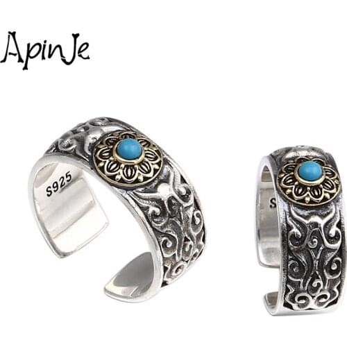 Apinje Retro 925 Sterling Silver Jewelry Stone Ring for Men Women Couples Stone Ring Romantic Gift