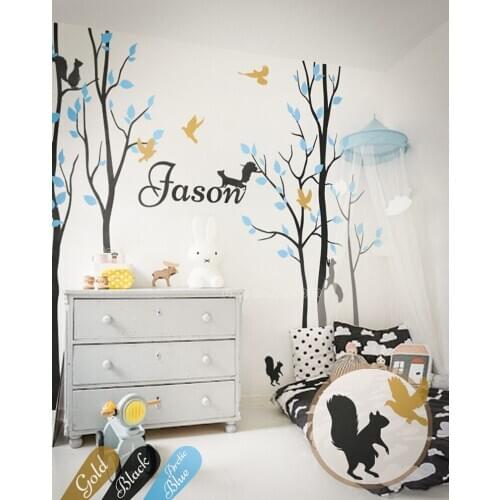 Large Tree Wall Stickers Set With Trees Wall Decals With Custom Name And Squirrels Birds Nursery Wall Art Mural Stickers LL2148