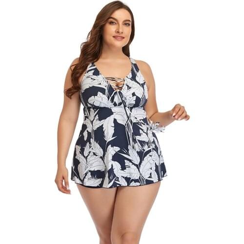 New V-Neckline Lady Print Plus-Size Swimming Dress Swimsuit With Boxer Trunks WomenS Sexy Swimwear 3XL SW227