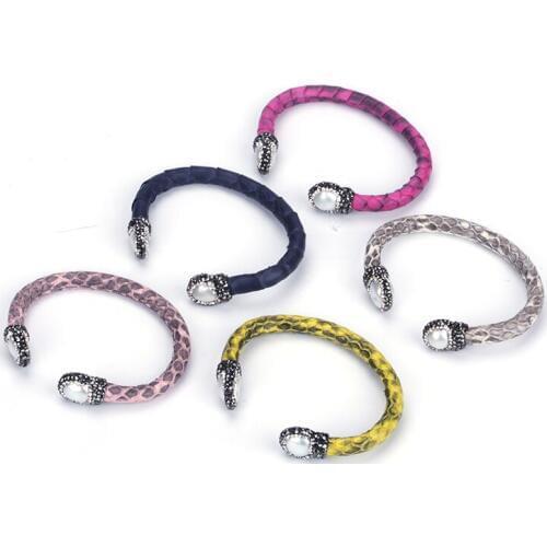 New Freshwater Pearl Bead Charm Pave Rhinestone Grey Rose Dark Blue Real Leather Adjustable Wrap Open Bangle Bracelet Cuff Women