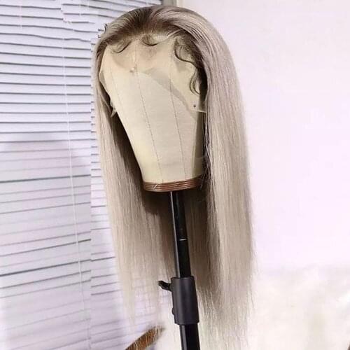 Omber Gray Long Straight Free Part Remy Human Hair Lace Frontal Wig With Baby Hair Glueless Preplucked Lace Wigs For Women
