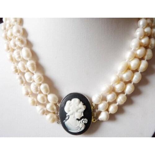3 rows 8-9MM white baroque pearl & carved girl necklace 18-19" Factory Wholesale price Women Gift word Jewelry