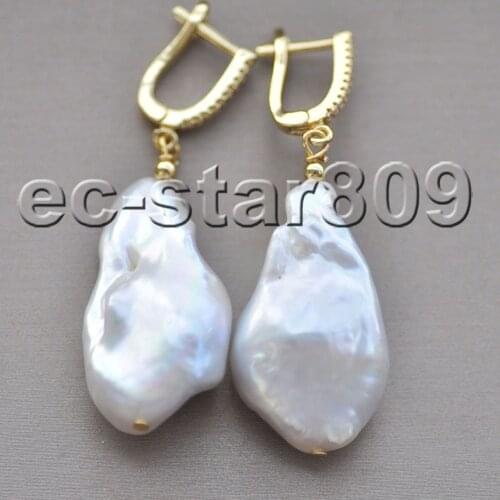 P7418 Huge 30mm White Baroque Keshi Reborn Pearl Earring CZ
