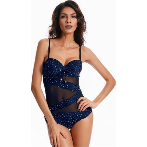 Transparent Mesh One Piece Swimsuit Polka Dot Swimwear High Waist Lace Monokini Black Push Up Bathing Suit Plus Size Bodysuit