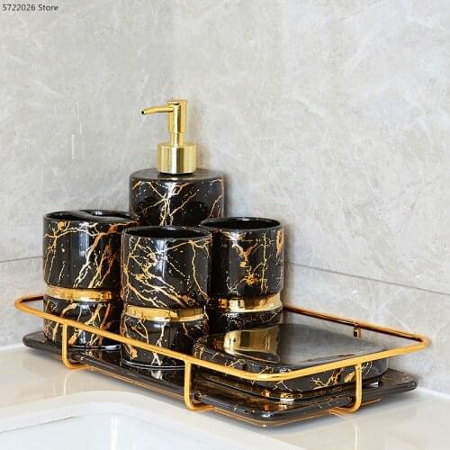 Nordic bathroom supplies ceramic toothbrush holder bathroom decoration accessories toothpaste dispenser golden marble tray
