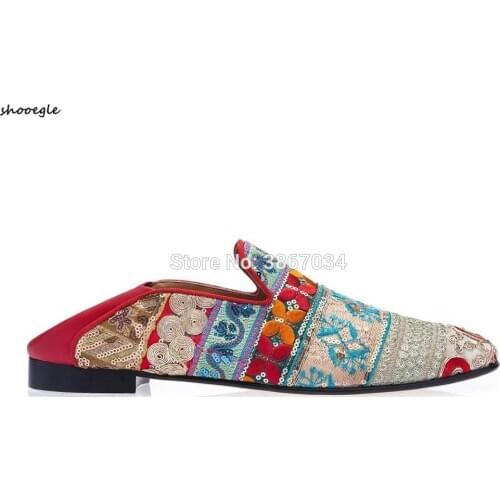 SHOOEGLE Embroidery Slippers Casual Shoes Mixed Color Embroidered Flats Male Loafers Slip on Shoes Men
