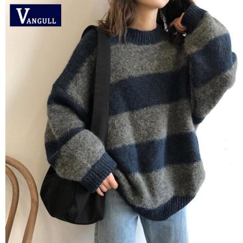 Vangull Autumn Women Oversized Sweater Vintage Striped Loose Pullovers Streetwear Knitted Jumper New Female O-neck Sweaters