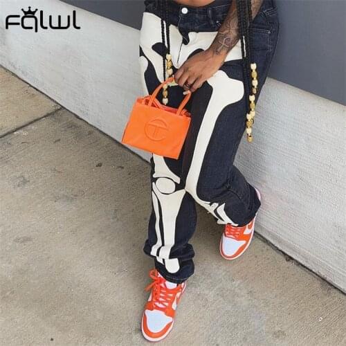 FQLWL Streetwear Fall Fashion High Waist Jeans Pants Pockets Skeleton Print Casual Baggy Pants Women 2021 Black Denim Trousers