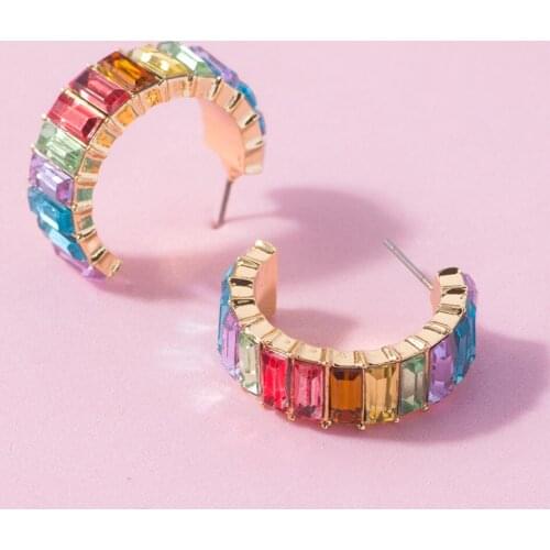 Lost Lady Fashion Multi-Color Crystal Glass C Cuff Stud Earrings Girl Womens Geometric Earrings Wedding Party Jewelry Wholesale