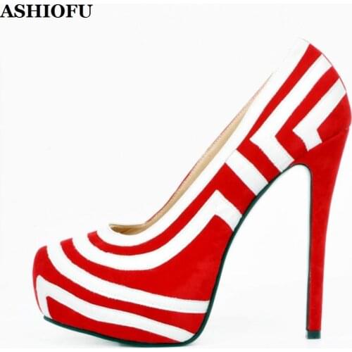 ASHIOFU Wholesale Ladies High Heel Platform Pumps White-stripped Party Office Shoes Round-toe Large Size Evening Fashion Shoes